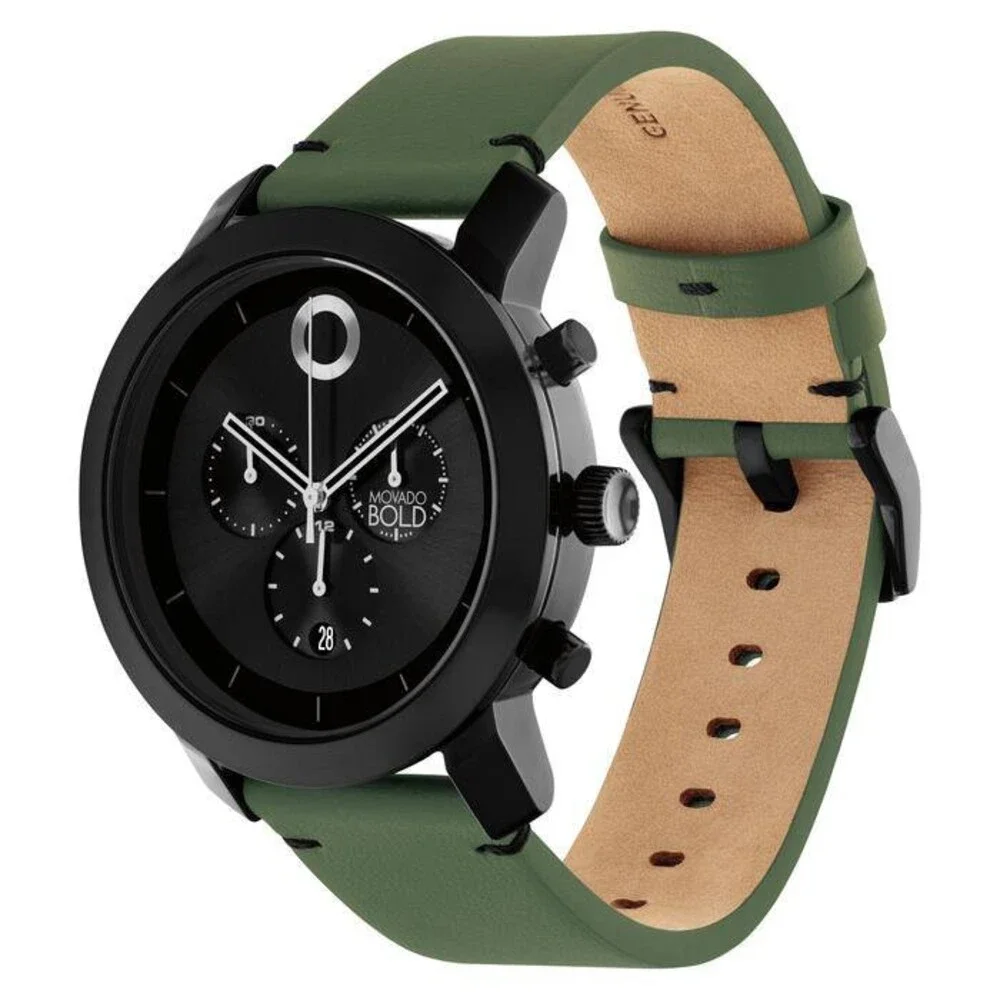 MOVADO TREND IMPULS CHRONOGRAPH 3601360 BLACK DIAL GREEN LEATHER STRAP MEN WATCH